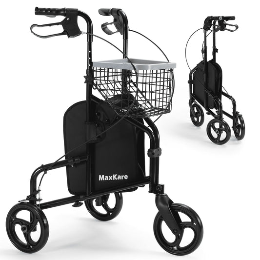 Black MaxKare rollator with basket on a white background
