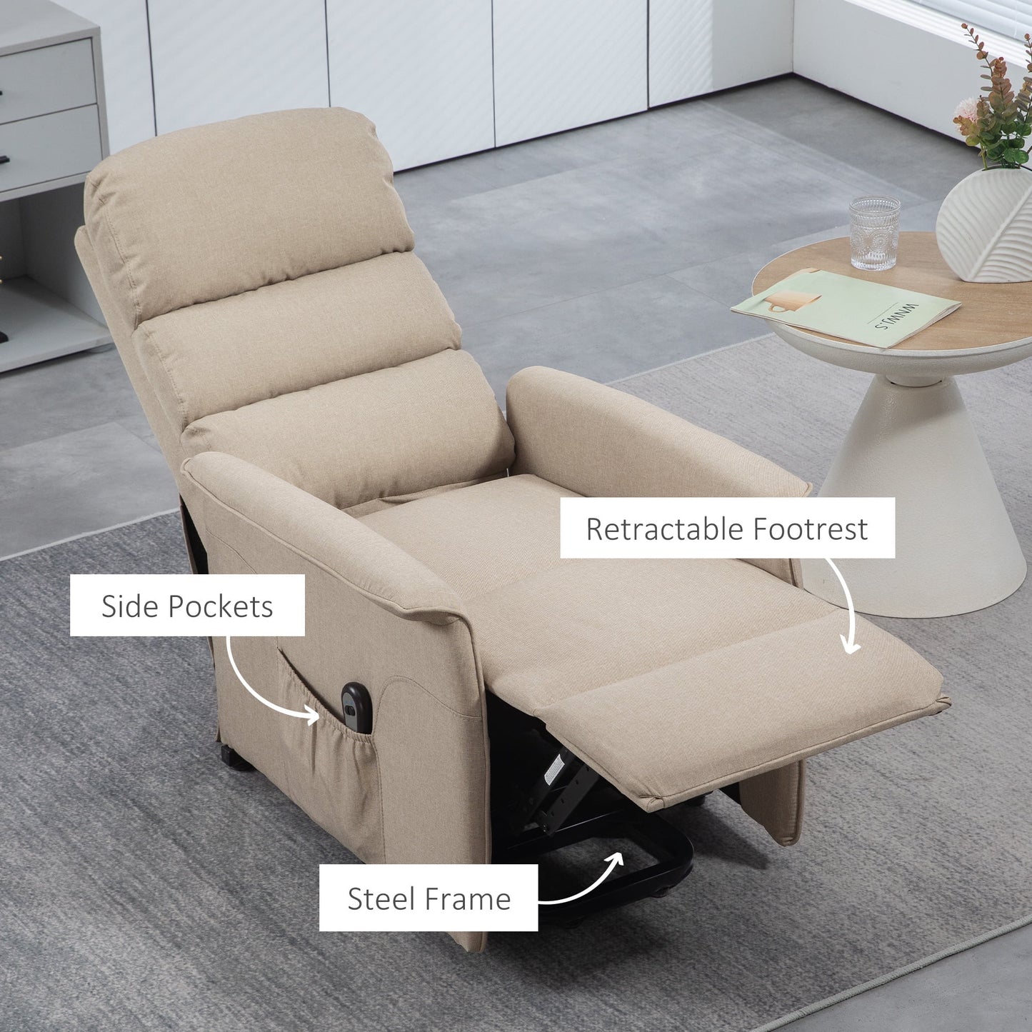 Beige recliner chair with labeled features in a room setting