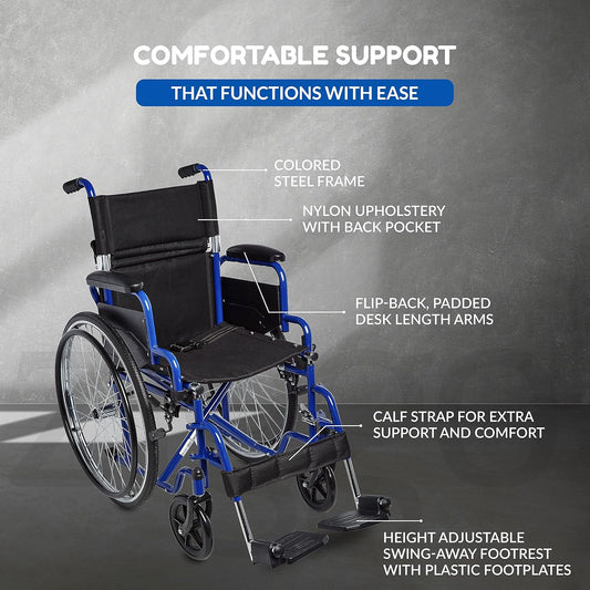 Wheelchair with labeled features on a gray background
