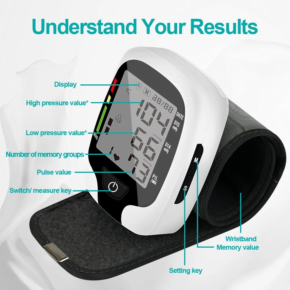 Blood pressure monitor with labeled parts on a white background
