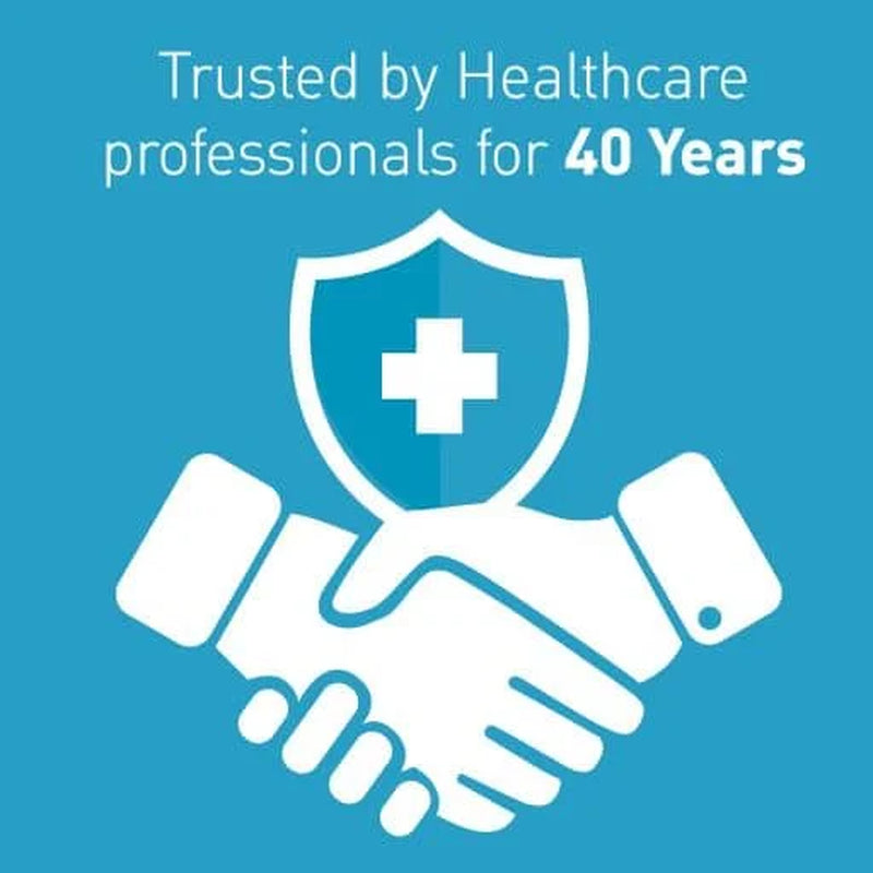 Shield with a cross above two hands shaking, symbolizing trust in healthcare, on a blue background.