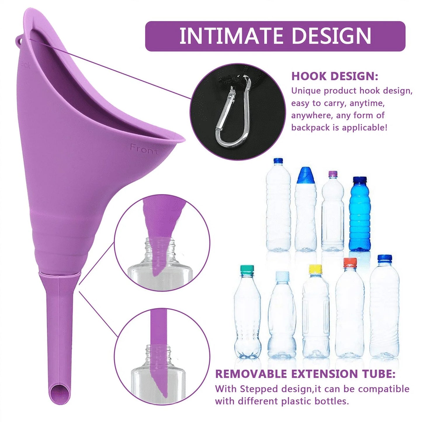 Purple funnel with hook design and removable extension tube, shown with water bottles.