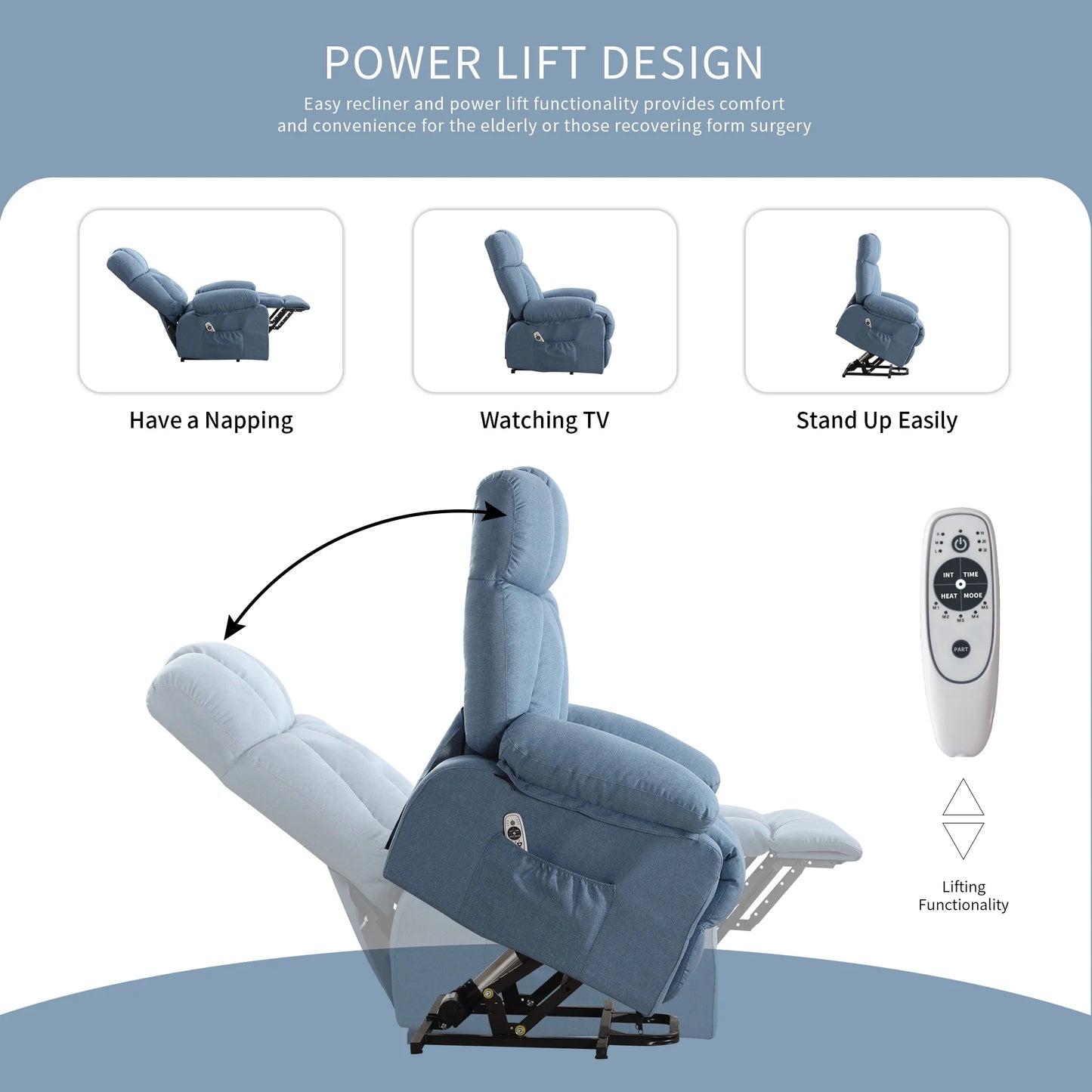 Power lift recliner chair with remote control on a blue background