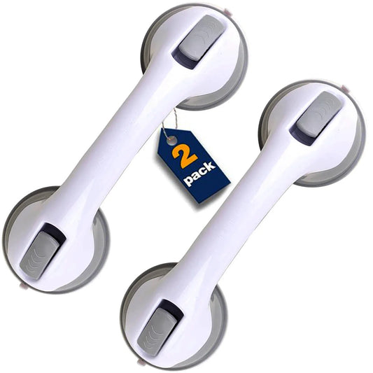 Two white grab bars with suction cups and a '2 pack' tag on a white background