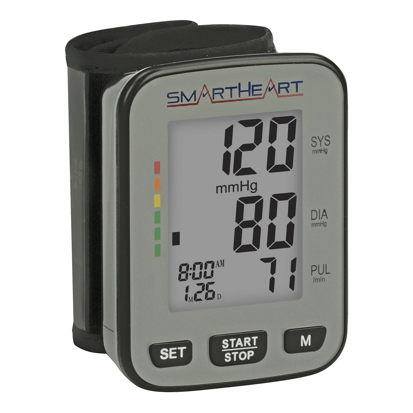 Blood pressure monitor with digital display on a white background