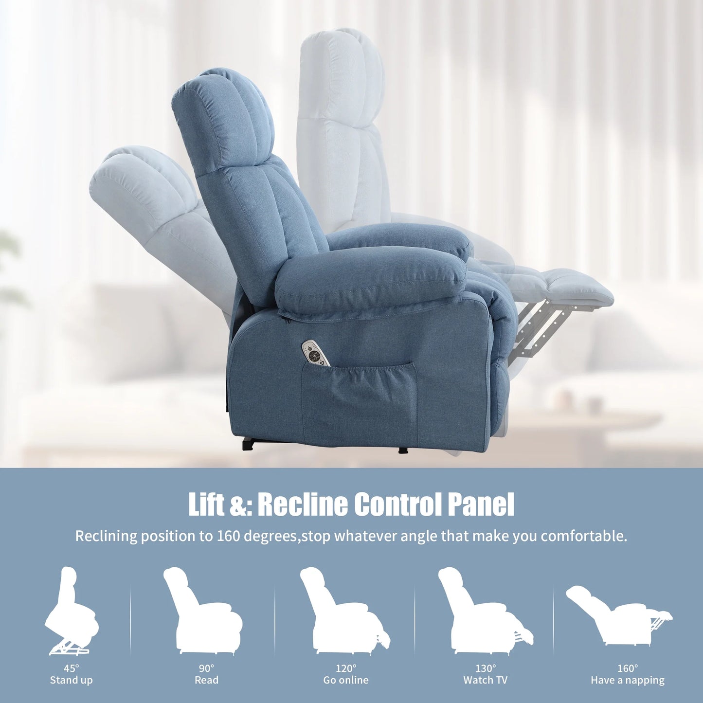 Power Lift Recliner – Blue, Heat, Massage, USB, Infinite Position