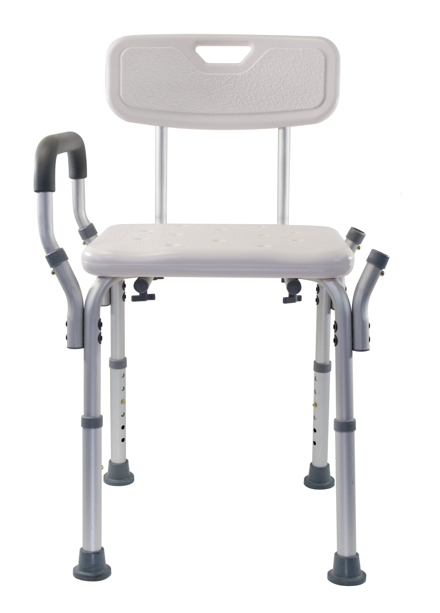 Medical shower chair with backrest and armrests on a white background