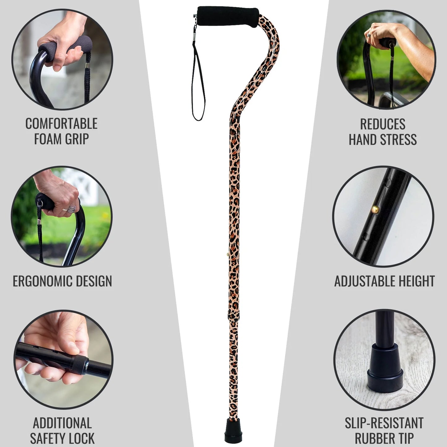 Walking Cane and Walking Stick for Men and Women, Lightweight and Adjustable, FSA HSA Eligible, Supports up to 250 Lbs with Ergonomic Soft Foam Offset Hand Grip and Wrist Strap, Leopard