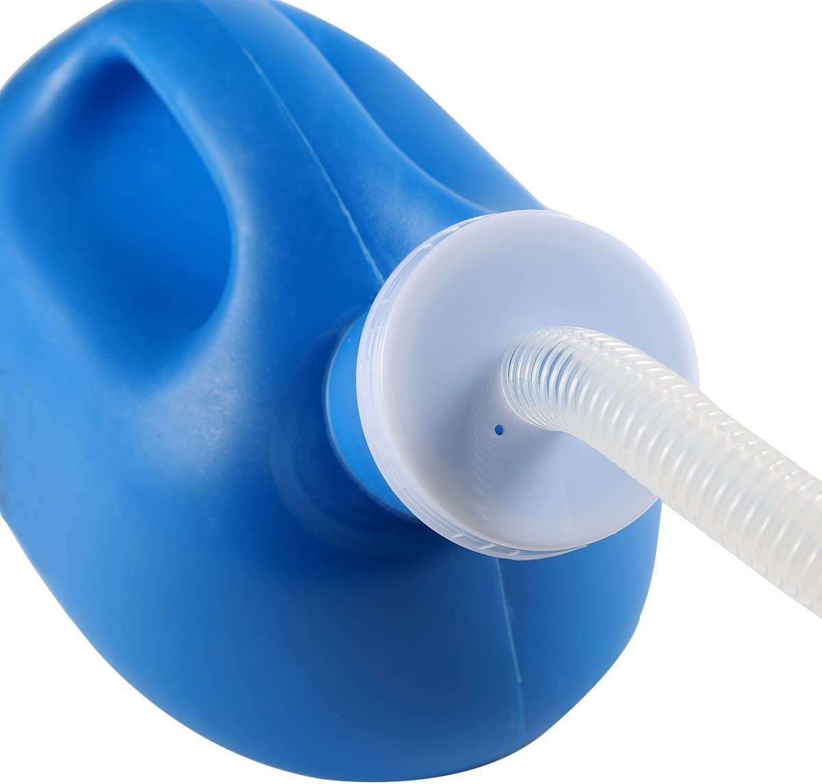Blue container with a white hose attached on a white background