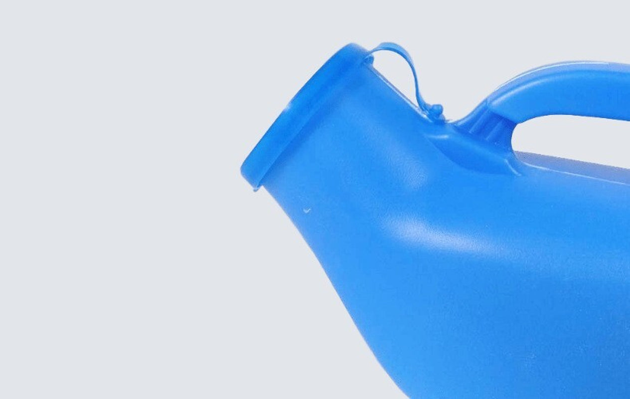 Blue plastic container with a handle on a light gray background