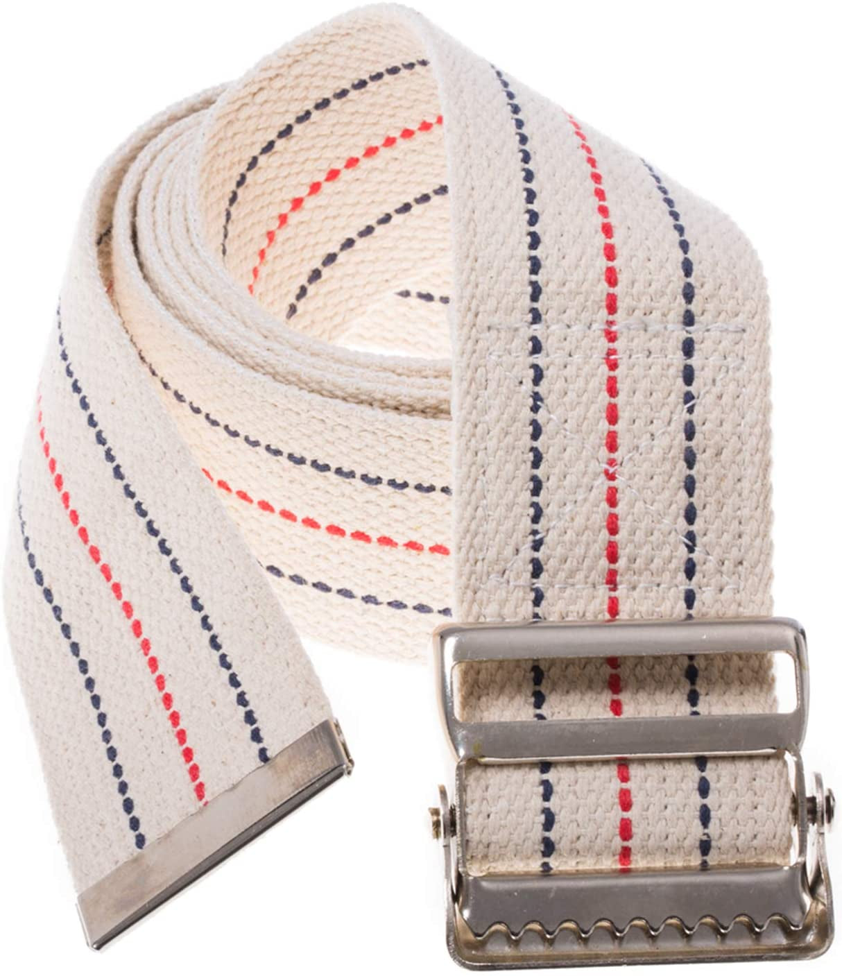 Beige belt with red and blue striped pattern and silver buckle on a white background