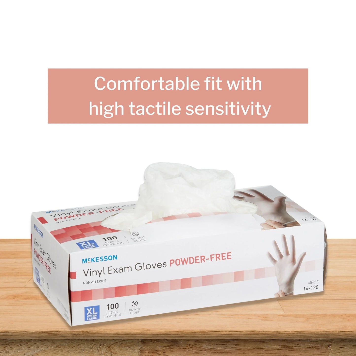 Box of McKesson XL vinyl exam gloves. Latex-free, powder-free, 100-count for medical, hygiene, and caregiver use.
