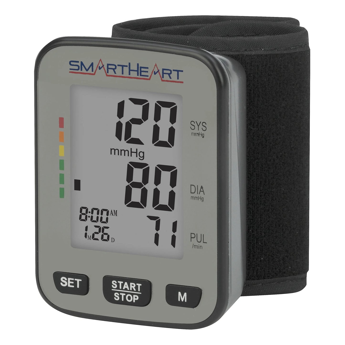 Wrist blood pressure monitor with digital display on a white background