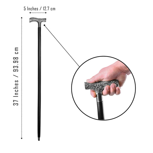Cane with measurements and a close-up of a hand holding it on a white background