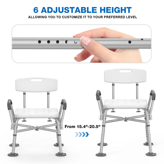 Adjustable height chair with a hand demonstrating the height adjustment mechanism on a white background.
