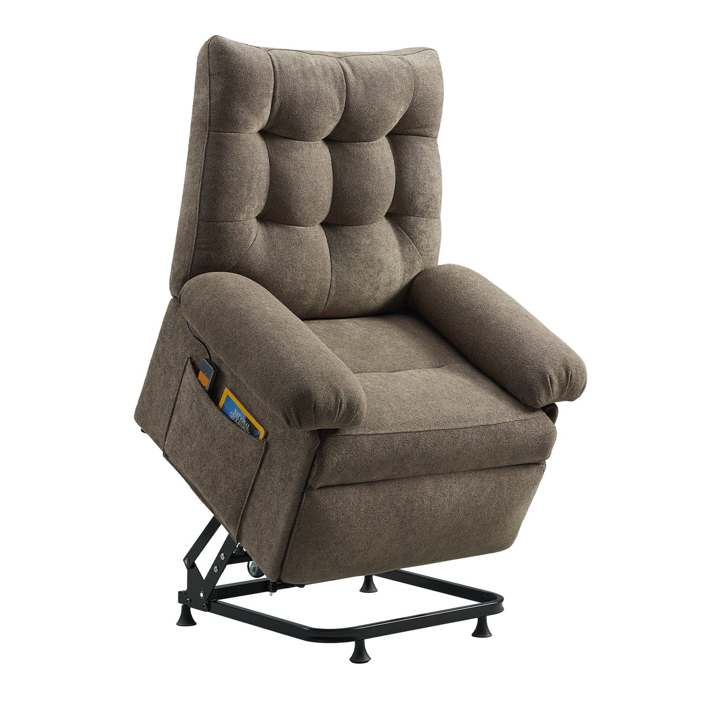 Brown recliner chair with armrest pockets on a white background