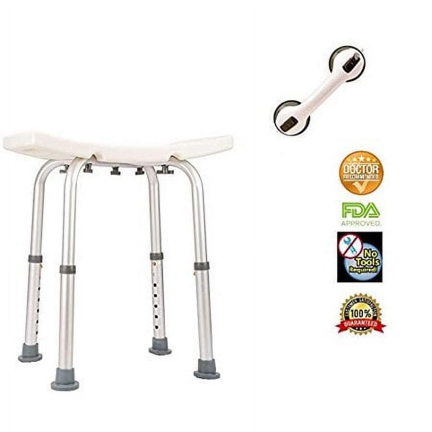 Adjustable shower stool with shower grab bar on a white background, featuring certification logos.