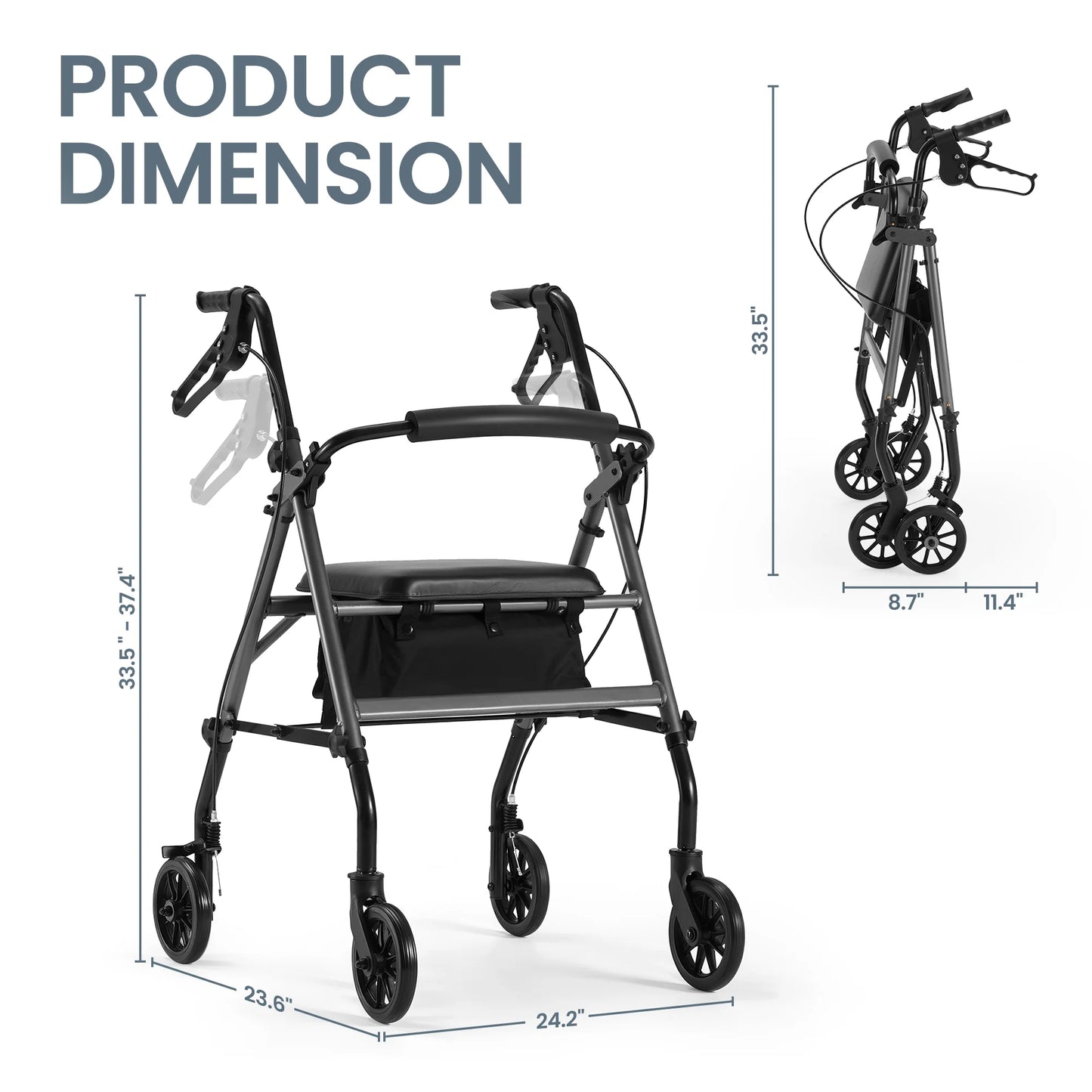 Black walker with dimensions labeled on a white background