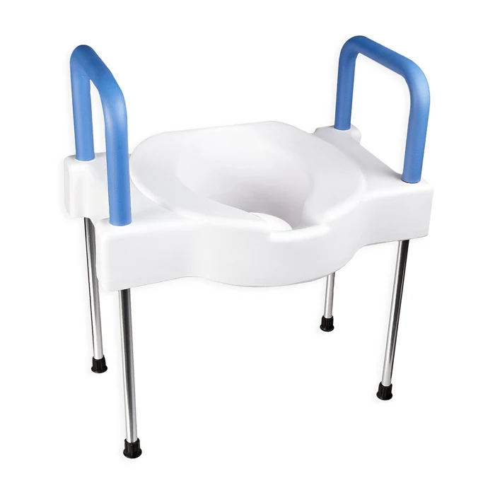 White commode chair with blue handles on a white background
