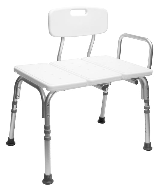 White bathroom transfer bench with backrest and armrests on a white background
