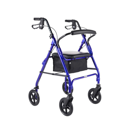 Blue walker with four wheels on a white background