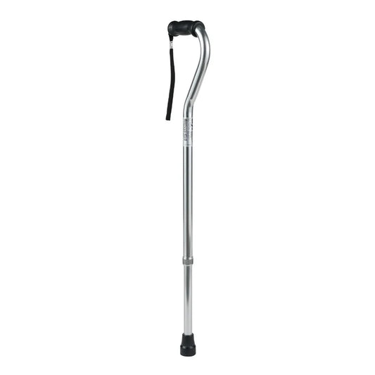 Silver walking cane with black ends on a white background