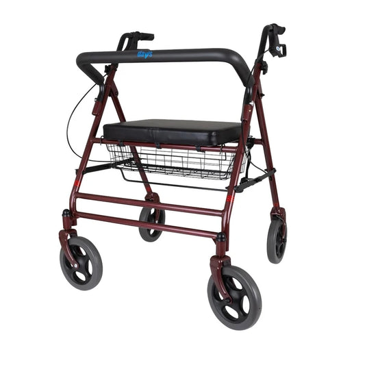 Red walker with a seat and basket on a white background