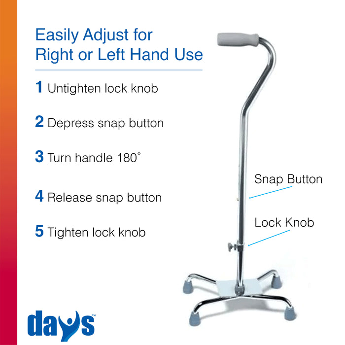 Instructions for adjusting a walking aid with labeled parts and Days logo.