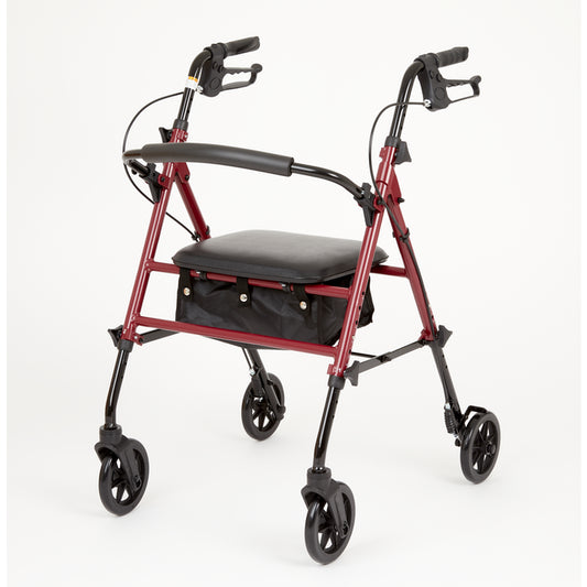 A red and black rollator walker with a black seat cushion and storage basket, shown on a clean white background.