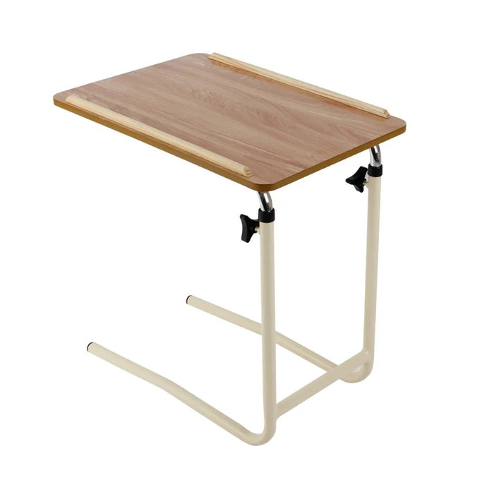 Table with wooden top and metal legs on a white background