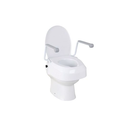 White toilet seat with armrests on a white background