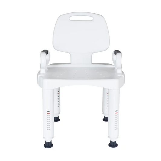 White bathroom chair with backrest on a white background