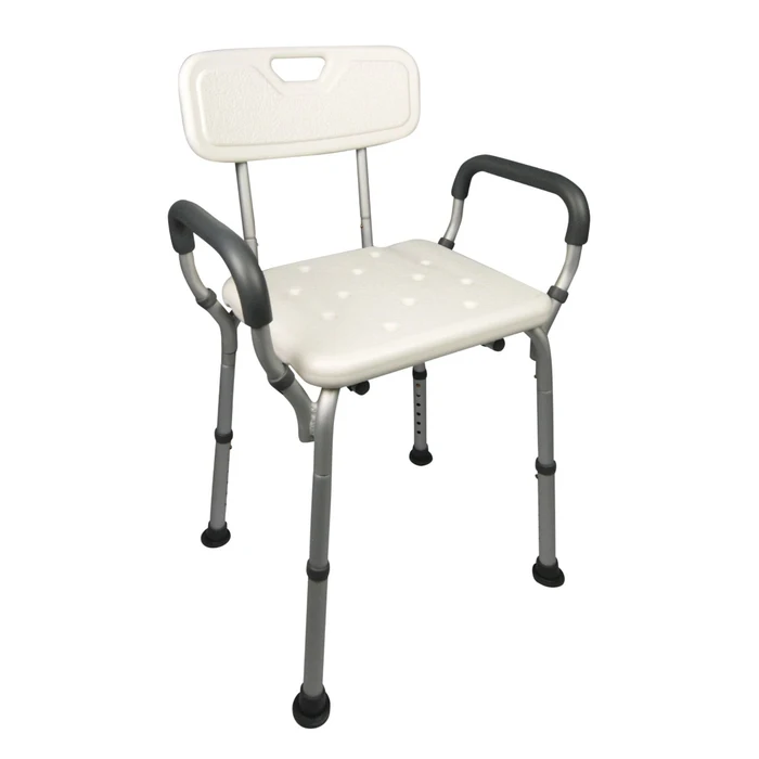 White shower chair with gray arms and legs on a white background