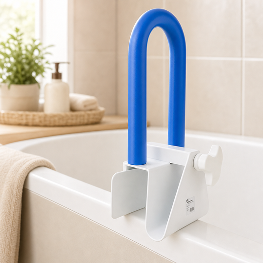 Blue bathtub support with white base on a bathtub in a bathroom setting.