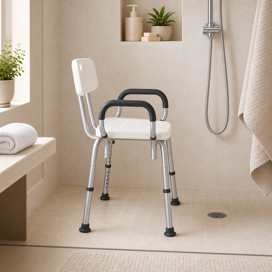Shower Chair with Back & Padded Arms – Adjustable 16½"–21"