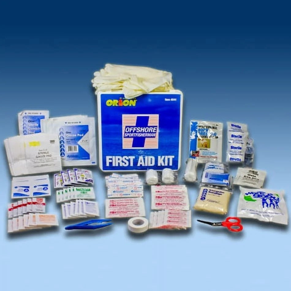 Orion first aid kit with various supplies on a blue background