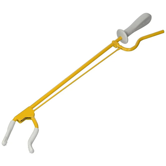 Yellow and white tool with a long handle on a white background