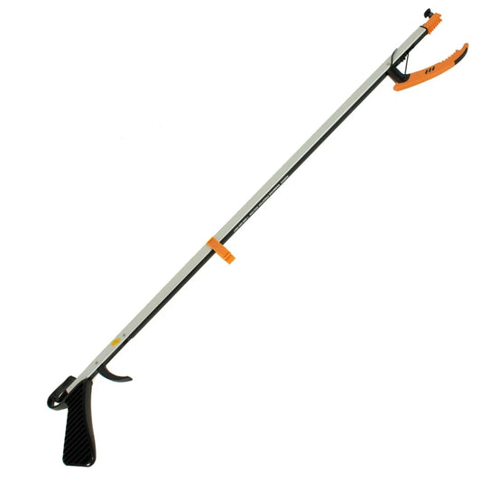 Reaching tool with extendable handle on a white background