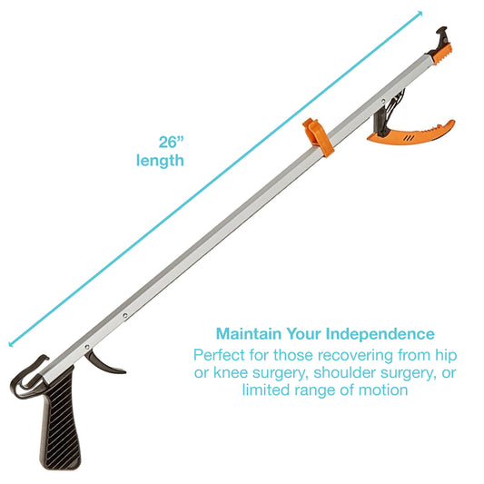 A reaching tool shown on a white background with blue measurement lines indicating 26 inches length and supporting text about independence and post-surgery use.