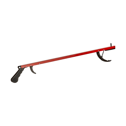 A red metal reacher/grabber with a black textured grip handle and black curved nocks, shown against a plain white background.