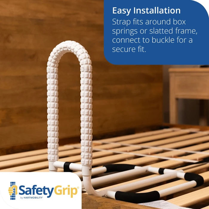 SafetyGrip product on a bed frame with text about easy installation.