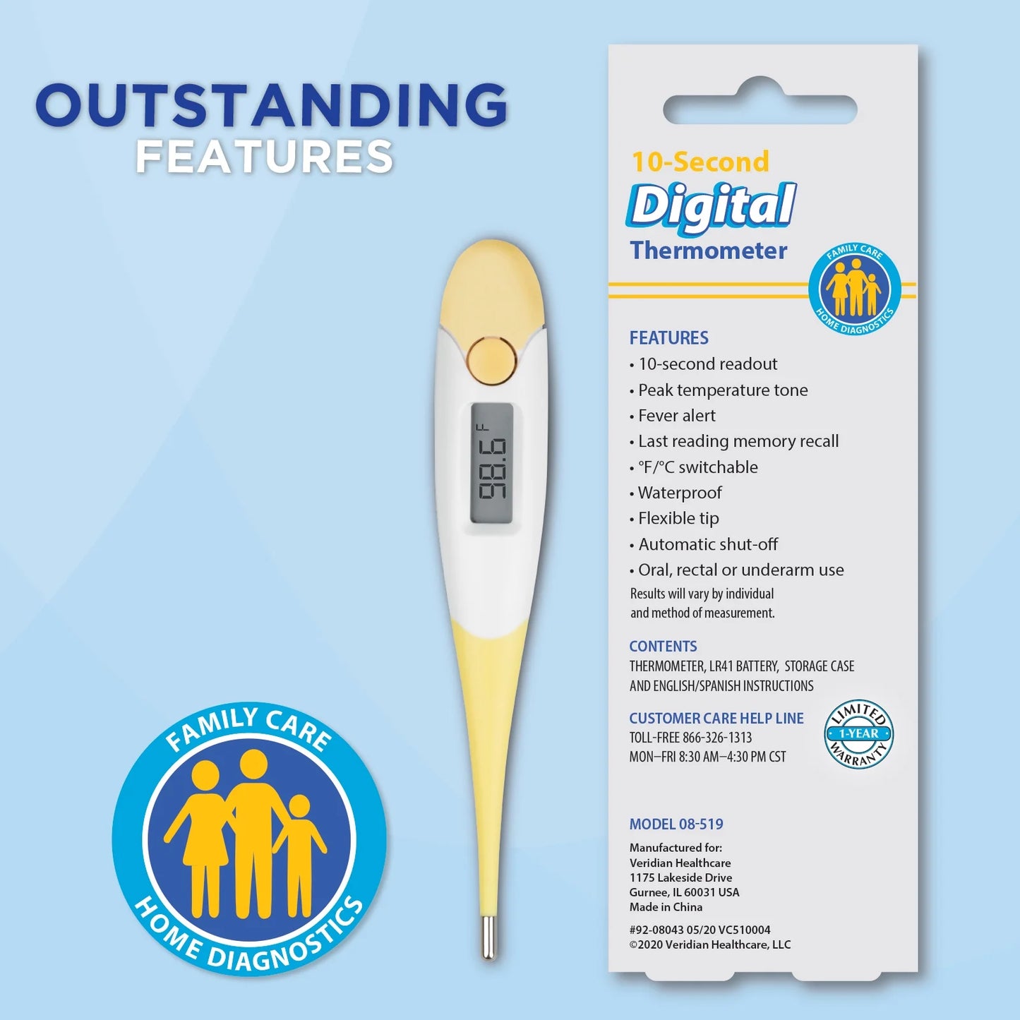Veridian 10-Second Digital Thermometer – Flexible Tip, F&C Modes, Water-Resistant, All Ages