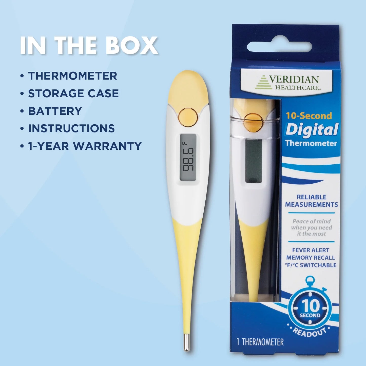 Veridian 10-Second Digital Thermometer – Flexible Tip, F&C Modes, Water-Resistant, All Ages
