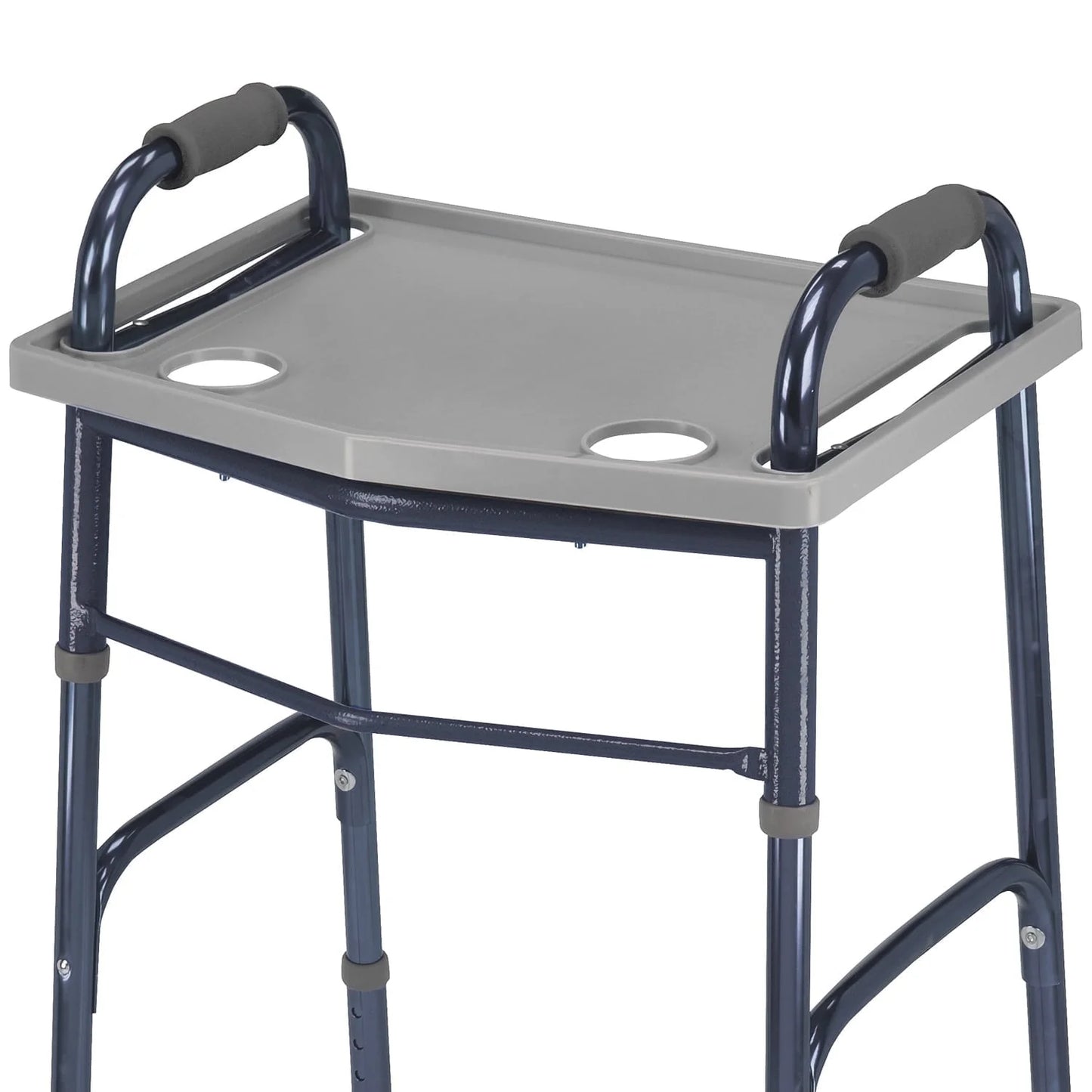 Gray stool with arms and a metal frame on a white background