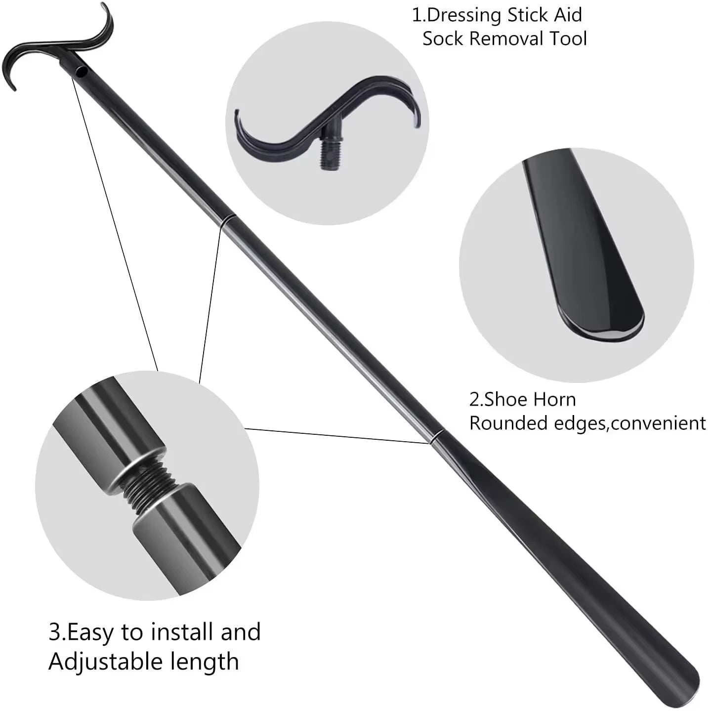 Close-up of dressing aid handle and shoe horn attachment. Ergonomic design for easy grip and dressing assistance.