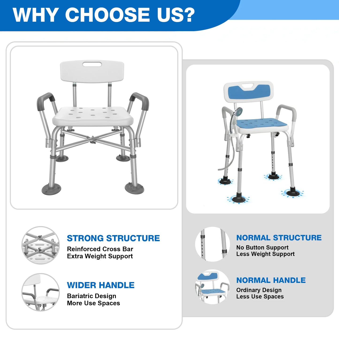Comparison of two shower chairs with features highlighted on a white background.