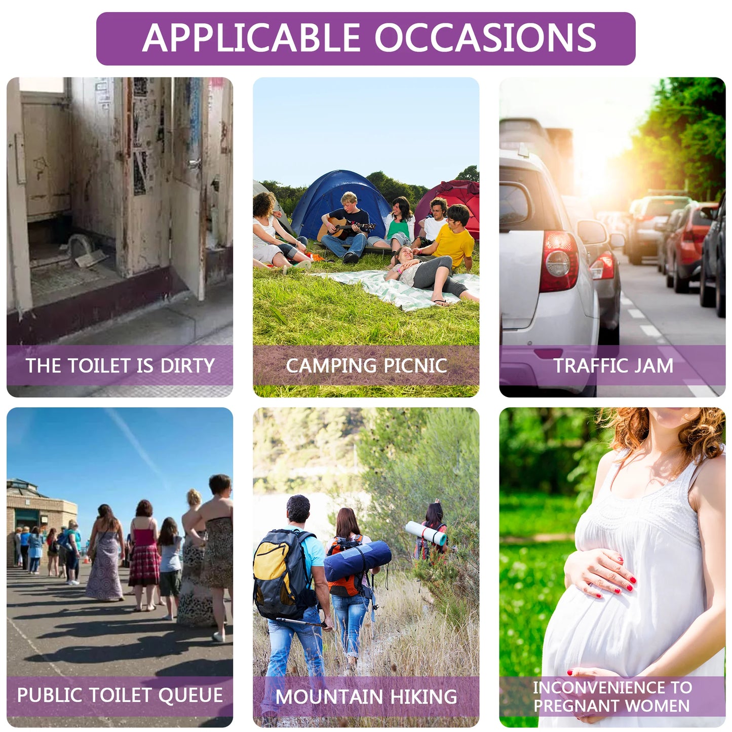 Collage of scenarios with text labels on applicable occasions.