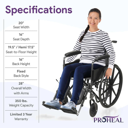 Person using a wheelchair with specifications listed on the left side, featuring the ProHeal brand.