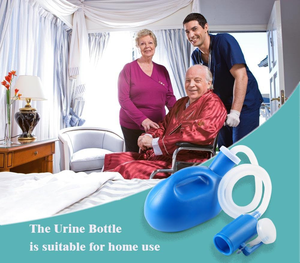 Institutional setting with a patient in a wheelchair, nurse, and doctor, with a focus on a blue urine bottle.