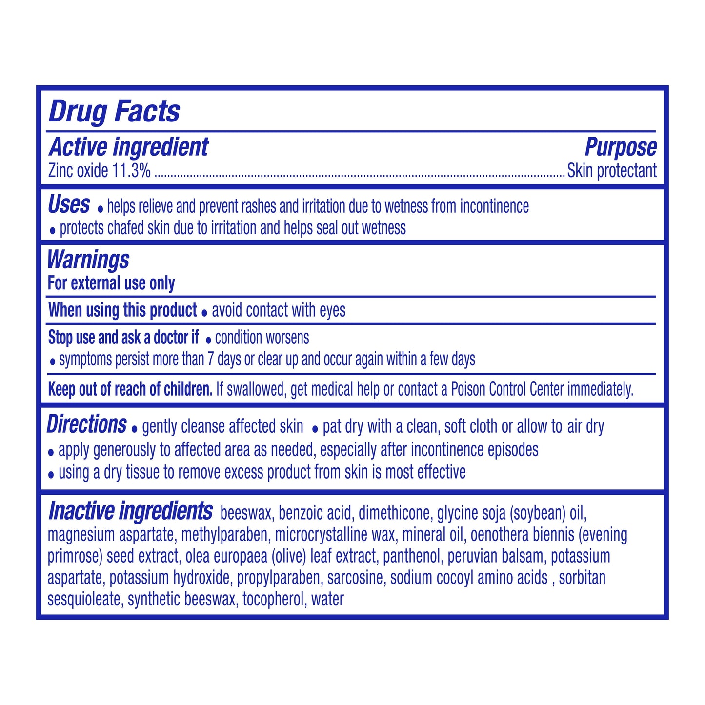 Drug facts label for a skin protectant product with active ingredient zinc oxide.